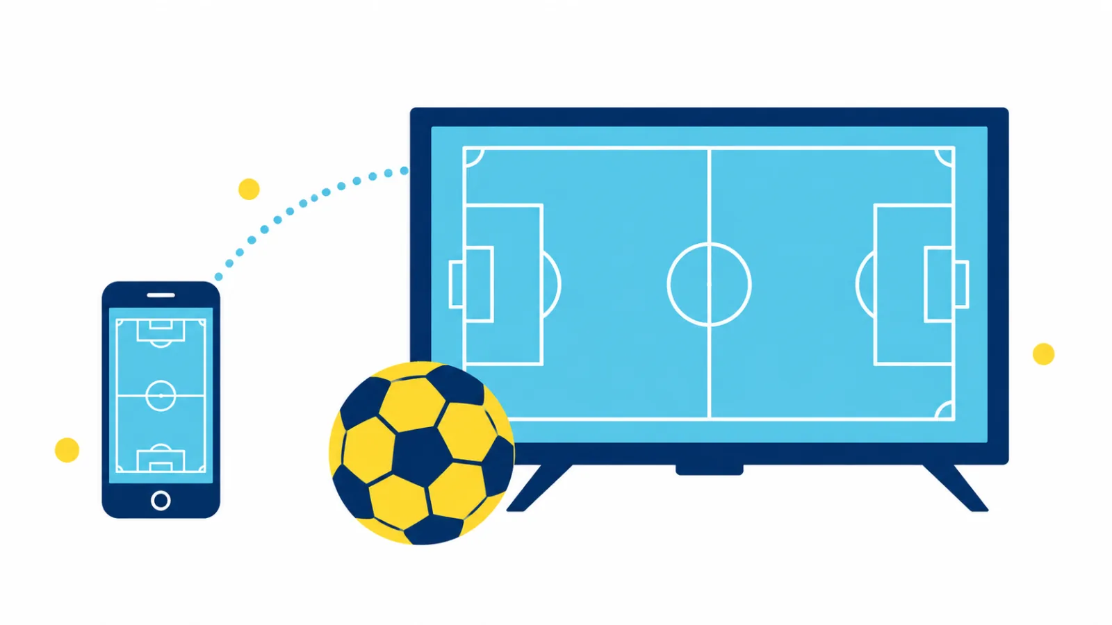ภาพประกอบสมาร์ตโฟน โทรทัศน์ที่แสดงสนามฟุตบอล และลูกฟุตบอลสีเหลืองสีน้ำเงิน แทนการดูถ่ายทอดสดหลายช่องทาง