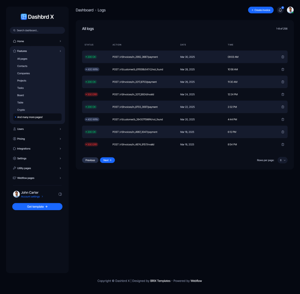 Dashbrd X - Logs Page - Dashboard Webflow Template