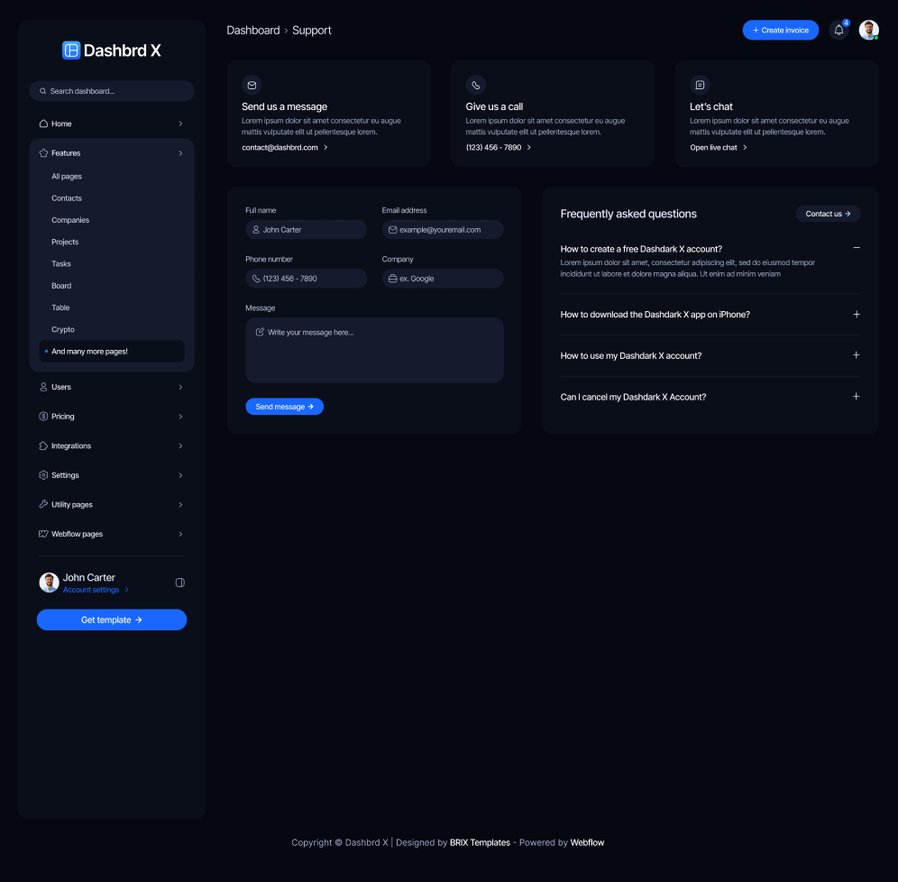 Dashbrd X - Support Page - Dashboard Webflow Template
