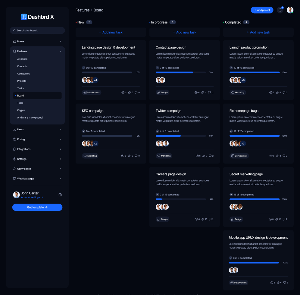 Dashbrd X - Board Page - Dashboard Webflow Template