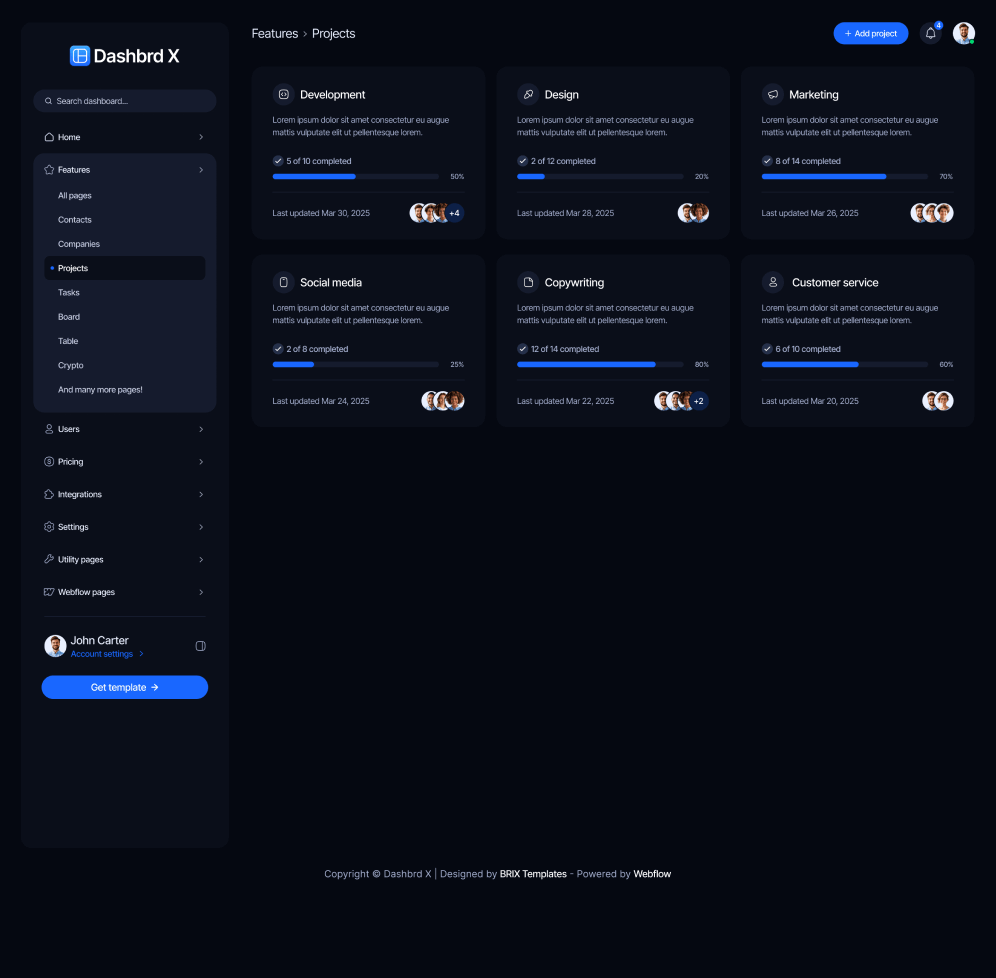 Dashbrd X - Projects Page - Dashboard Webflow Template