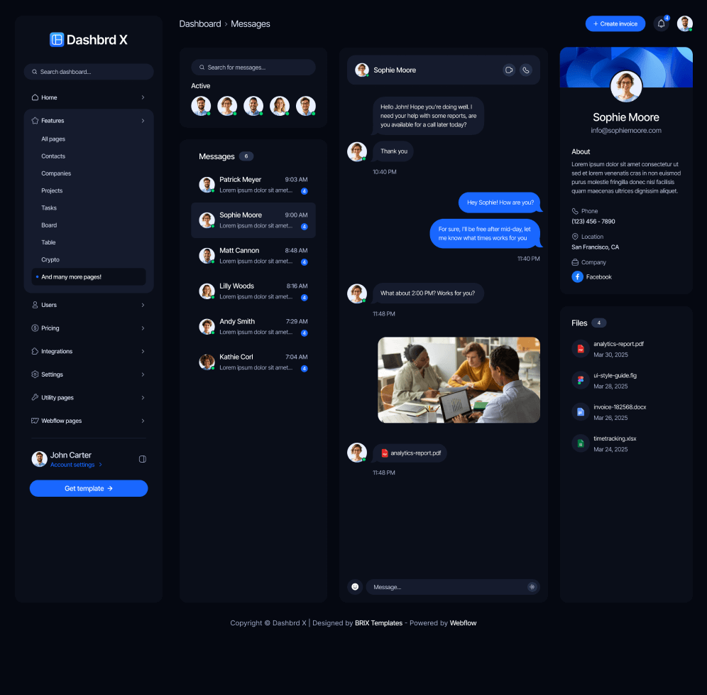 Dashbrd X - Messages Page - Dashboard Webflow Template