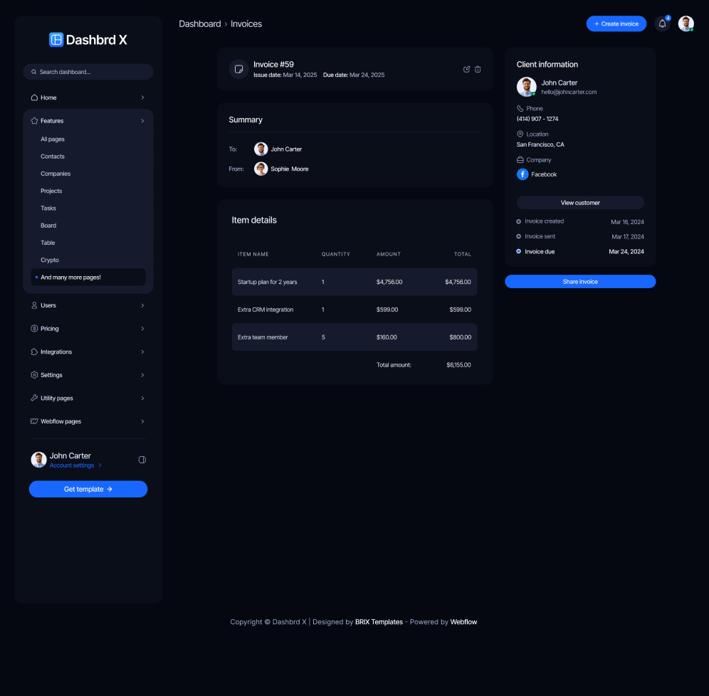 Dashbrd X - Invoices Page - Dashboard Webflow Template
