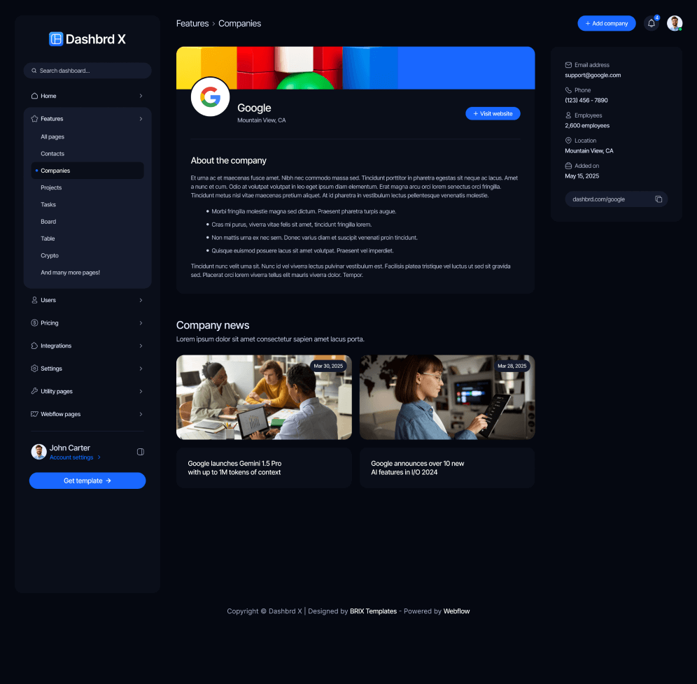 Dashbrd X - Company Single Page - Dashboard Webflow Template