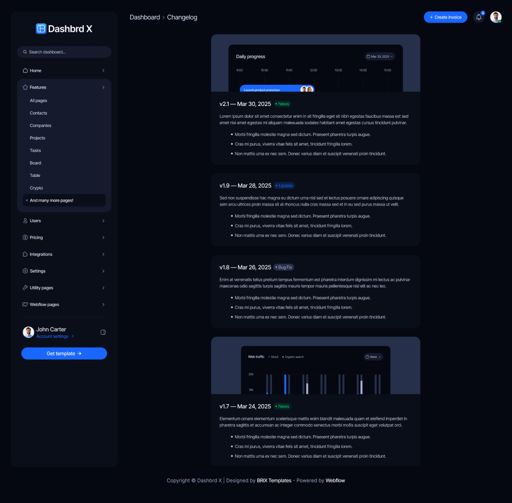 Dashbrd X - Changelog Page - Dashboard Webflow Template