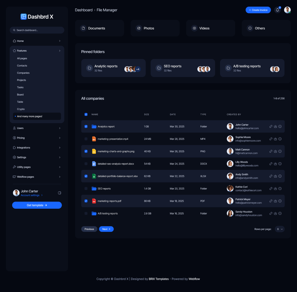 Dashbrd X - File Manager Page - Dashboard Webflow Template