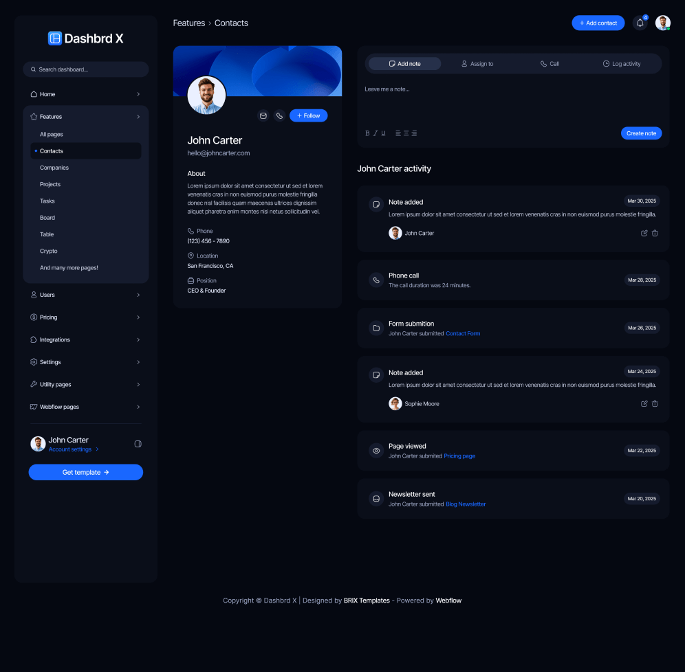 Dashbrd X - Contact Single Page - Dashboard Webflow Template