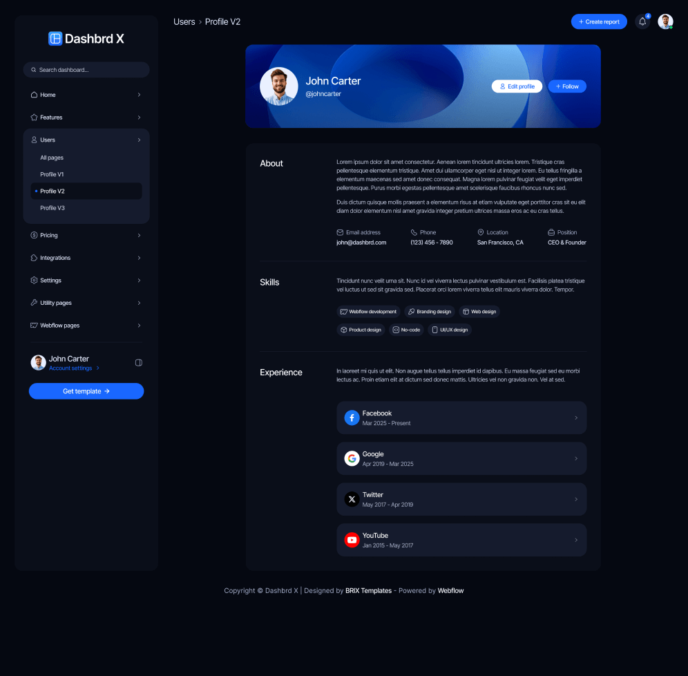 Dashbrd X - Profile V2 Page - Dashboard Webflow Template