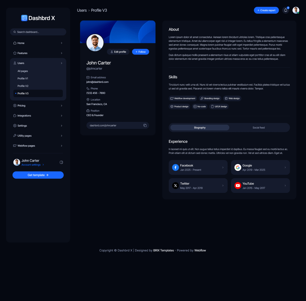 Dashbrd X - Profile V3 Page - Dashboard Webflow Template