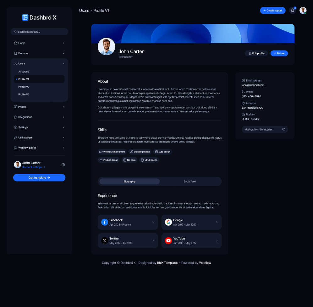 Dashbrd X - Profile V1 Page - Dashboard Webflow Template