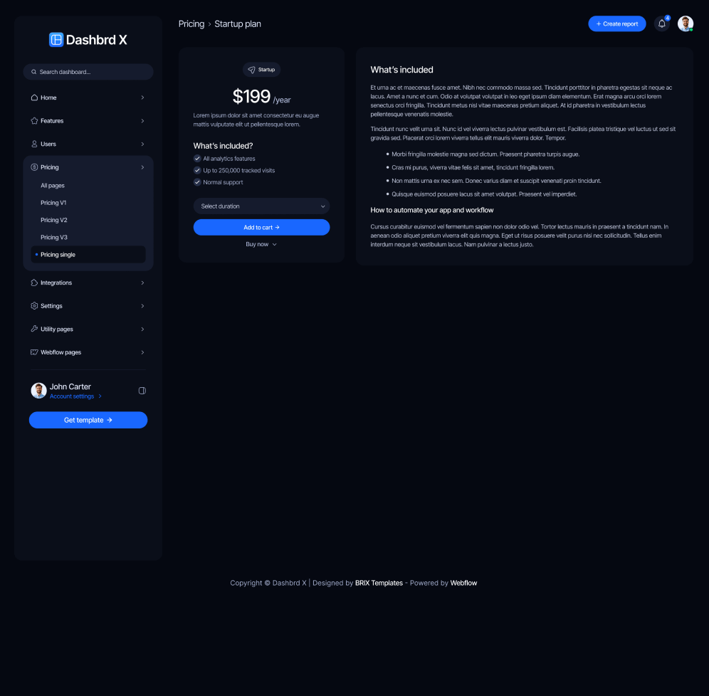 Dashbrd X - Pricing Single Page - Dashboard Webflow Template