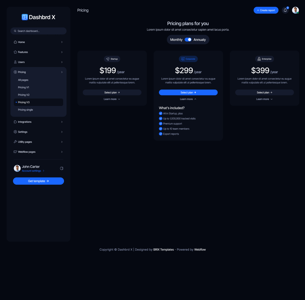 Dashbrd X - Pricing V3 Page - Dashboard Webflow Template