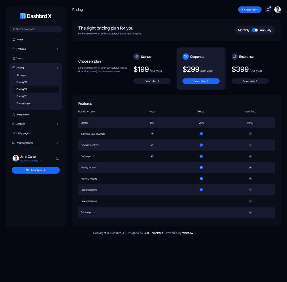 Dashbrd X - Pricing V2 Page - Dashboard Webflow Template