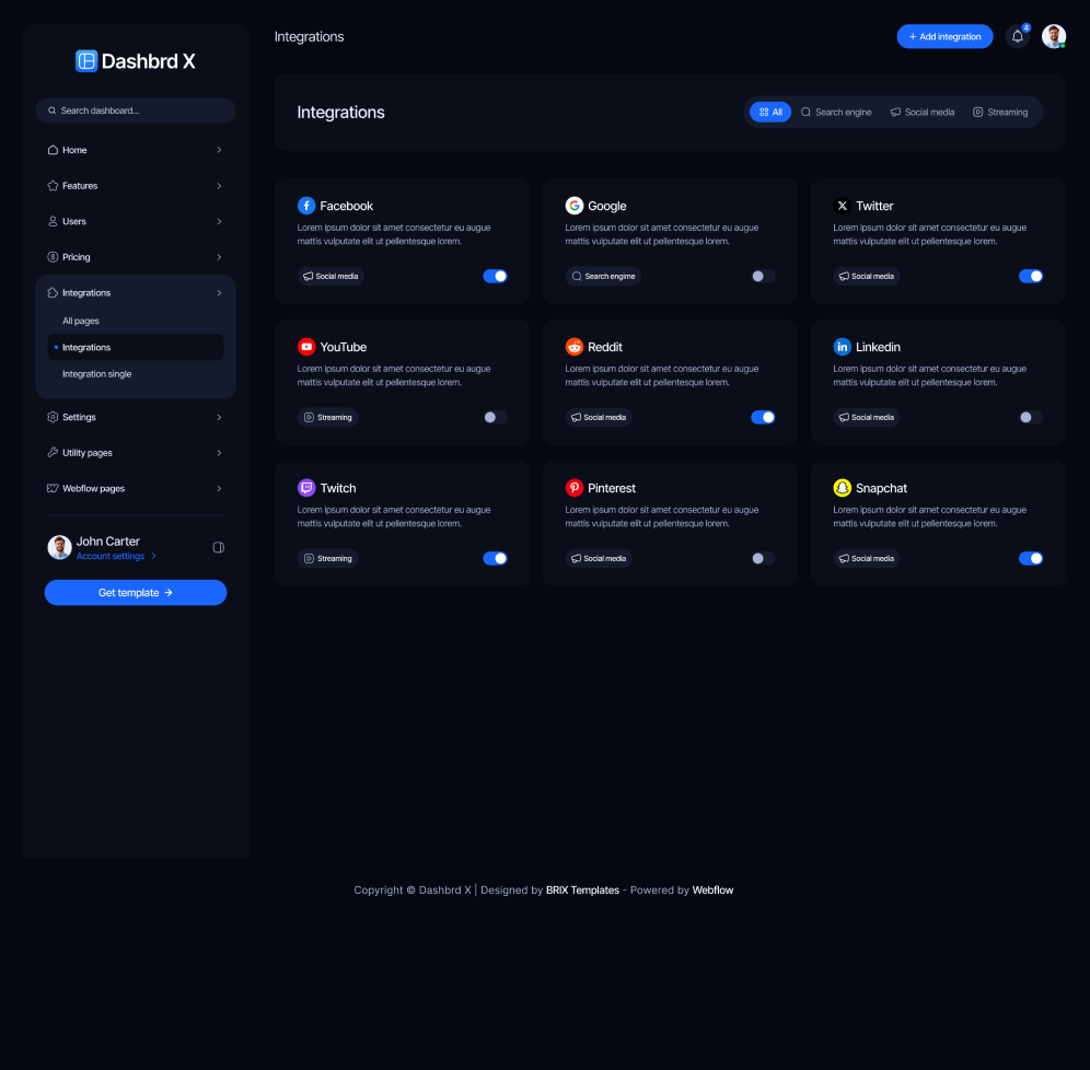 Dashbrd X - Integrations Page - Dashboard Webflow Template