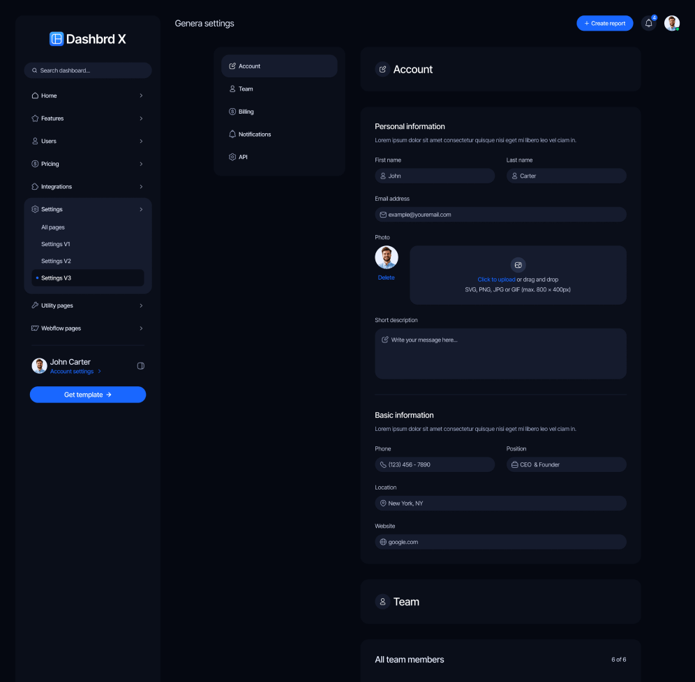 Dashbrd X - Settings V3 Page - Dashboard Webflow Template