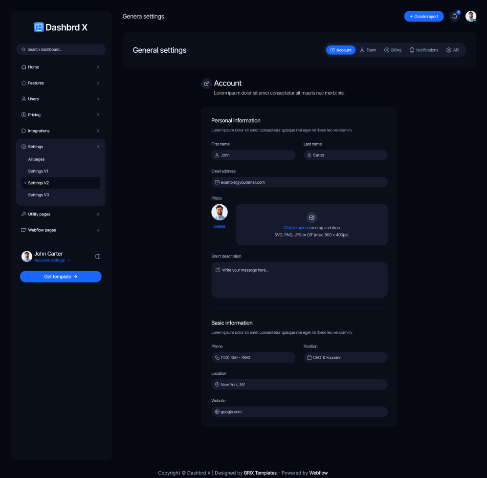 Dashbrd X - Settings V2 Page - Dashboard Webflow Template