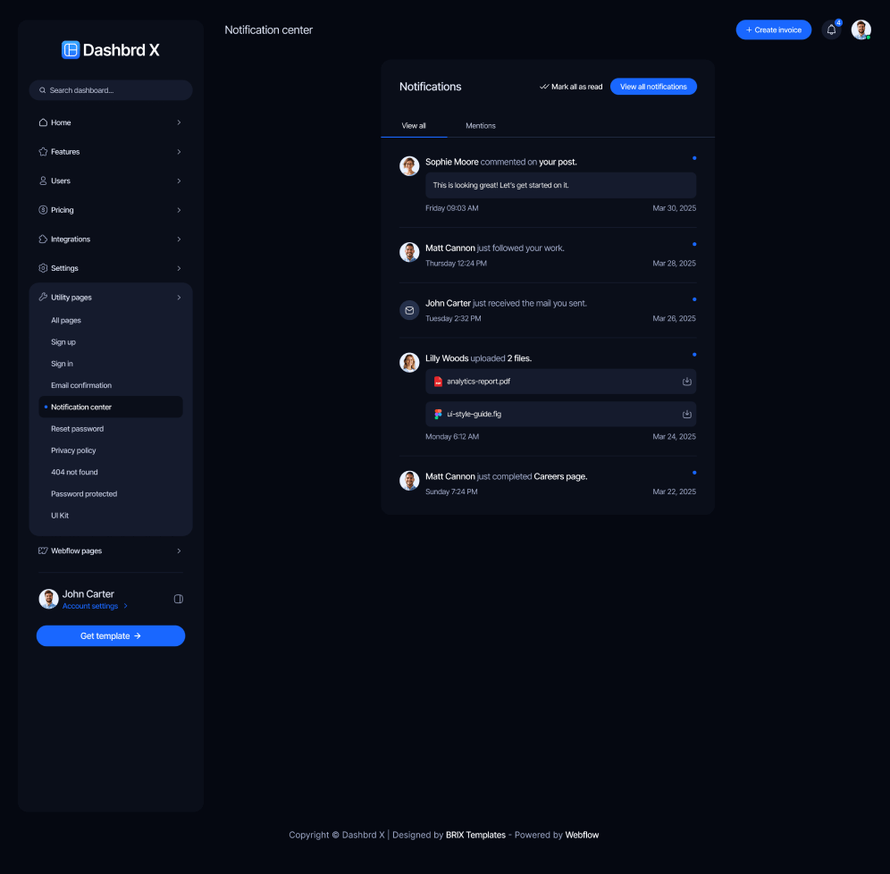 Dashbrd X - Notification Center Page - Dashboard Webflow Template