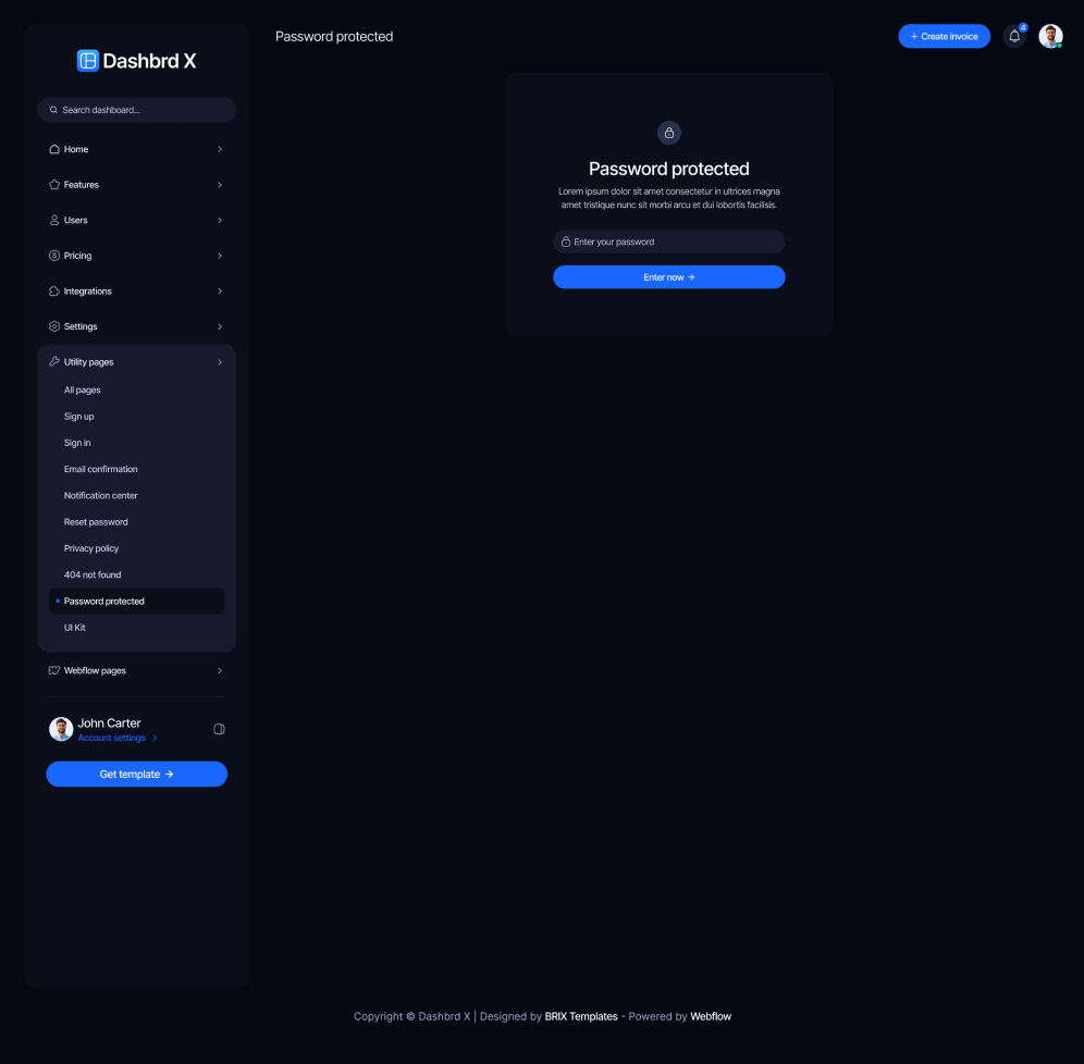 Dashbrd X - Password Protected Page - Dashboard Webflow Template