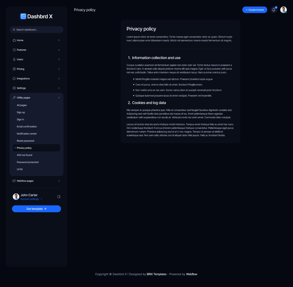 Dashbrd X - Privacy Policy Page - Dashboard Webflow Template
