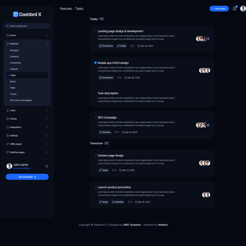 Dashbrd X - Tasks Page - Dashboard Webflow Template