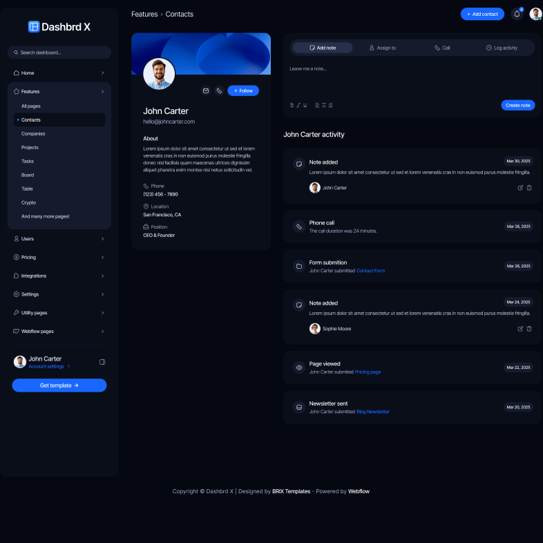 Dashbrd X - Profile V3 Page - Dashboard Webflow Template