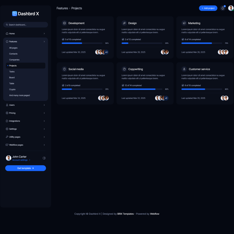 Dashbrd X - Projects Page - Dashboard Webflow Template