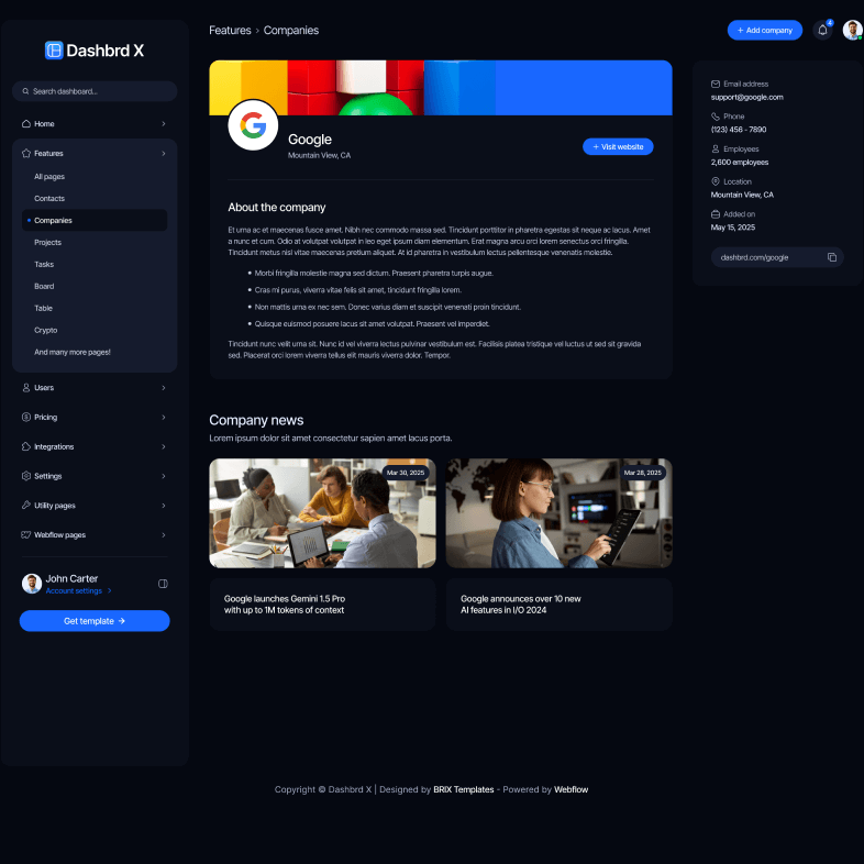 Dashbrd X - Company Single Page - Dashboard Webflow Template