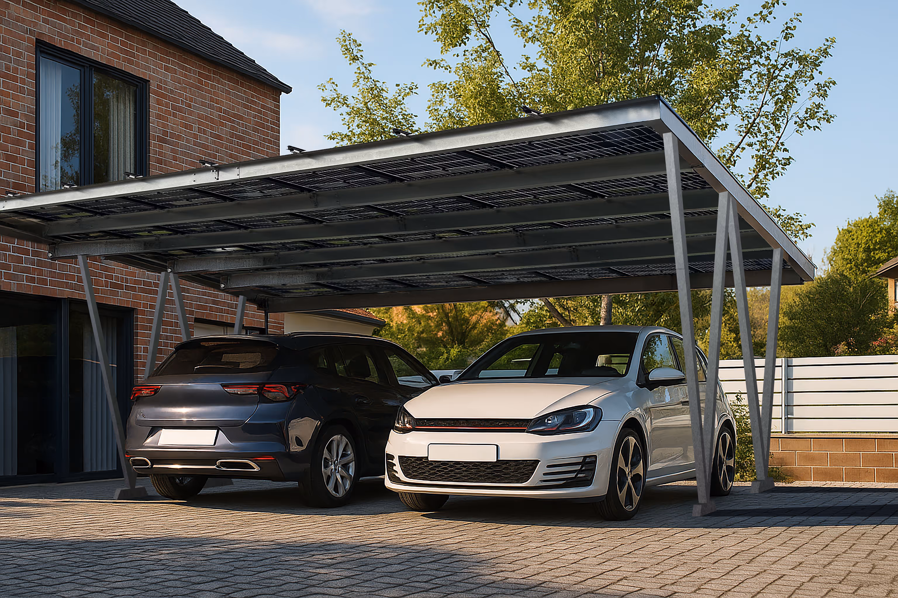 Zwei Autos, ein weisser Kompaktwagen und ein dunkler SUV, stehen nebeneinander unter einem eleganten Solar-Carport mit Flachdach neben einem Wohngebäude aus rotem Backstein. Der Carport wird von schrägen Stahlträgern getragen und verfügt über integrierte Solarpanels. Die Einfahrt ist mit Betonplatten gepflastert und von Bäumen sowie einem modernen weißen Zaun umgeben – typisch für ein vorstädtisches Umfeld.