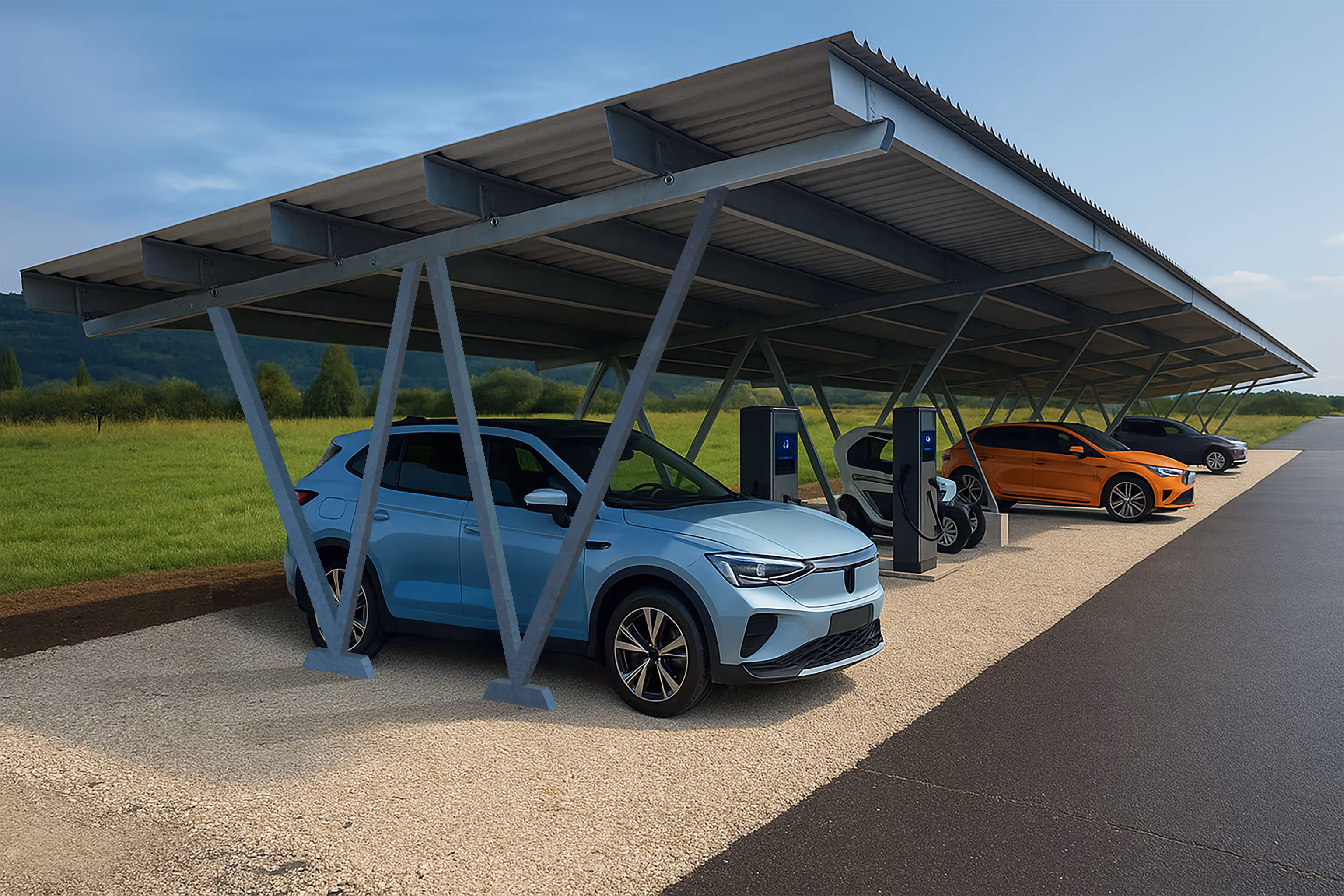 Eine Reihe moderner Elektroautos parkt unter einem Solar-Carport mit V-förmigen Stahlstützen in ländlicher Umgebung, umgeben von grünen Wiesen und bewaldeten Hügeln im Hintergrund. Mehrere Fahrzeuge, darunter ein blauer SUV und ein orangefarbener Kompaktwagen, sind an schlanke Ladestationen angeschlossen, die auf einem Kiesstreifen neben einer sauberen Asphaltstrasse installiert sind. Das Wetter ist klar und sonnig.