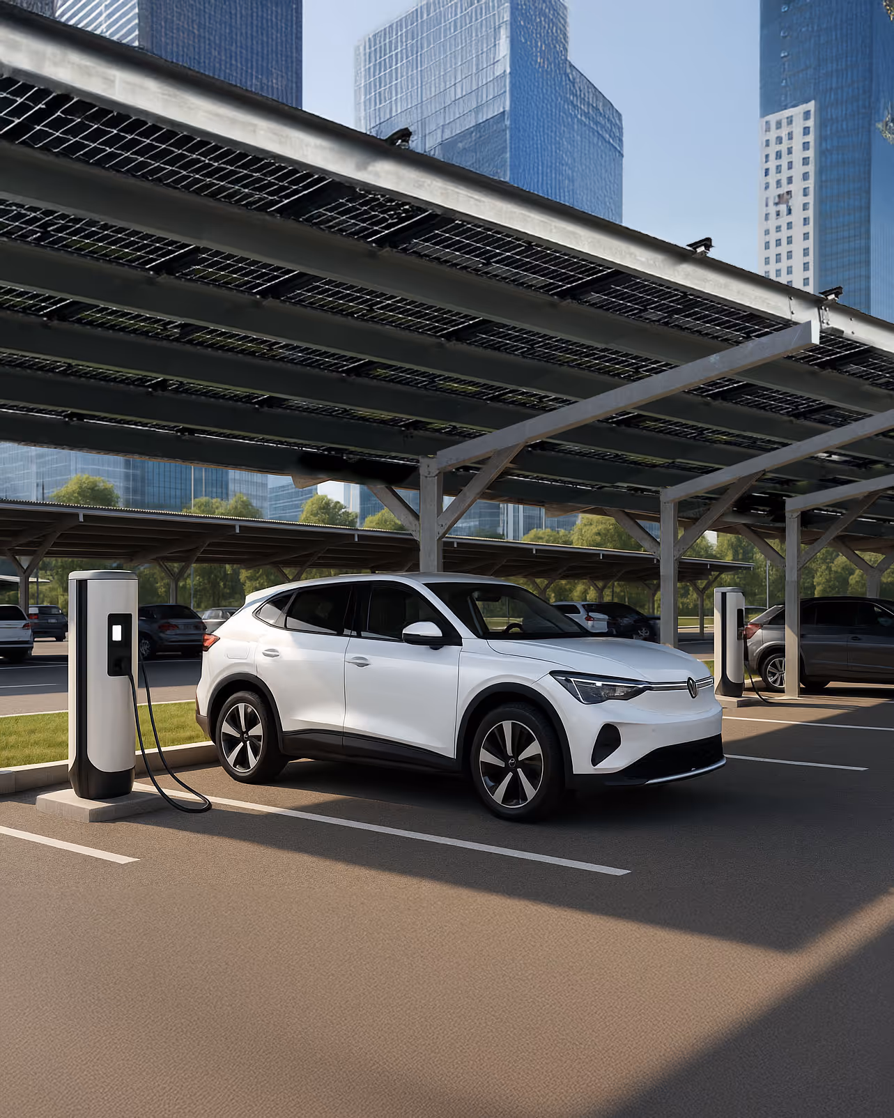 Ein weisser Elektro-SUV steht an einer Ladestation unter einem grossen Solar-Carport in einem modernen städtischen Parkplatz. Der Carport verfügt über integrierte Photovoltaikmodule und wird von einem Stahlrahmen getragen. Weitere Fahrzeuge sind in der Nähe geparkt, und im Hintergrund ragen hohe verglaste Hochhäuser zwischen grünen Bäumen empor – ein Hinweis auf ein nachhaltiges urbanes Umfeld.