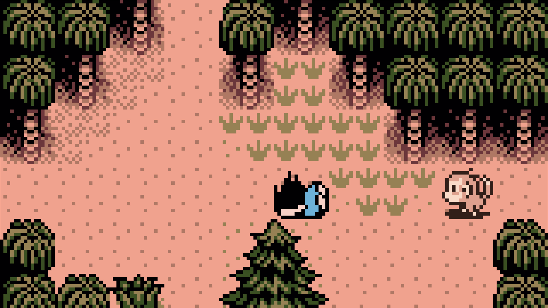 Survival Kids (GBC): a monkey grabs the protagonist’s knapsack during gameplay.
