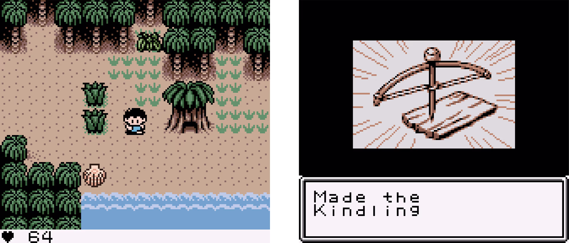 Survival Kids (GBC): character exploring the beach; crafting kindling by merging items.