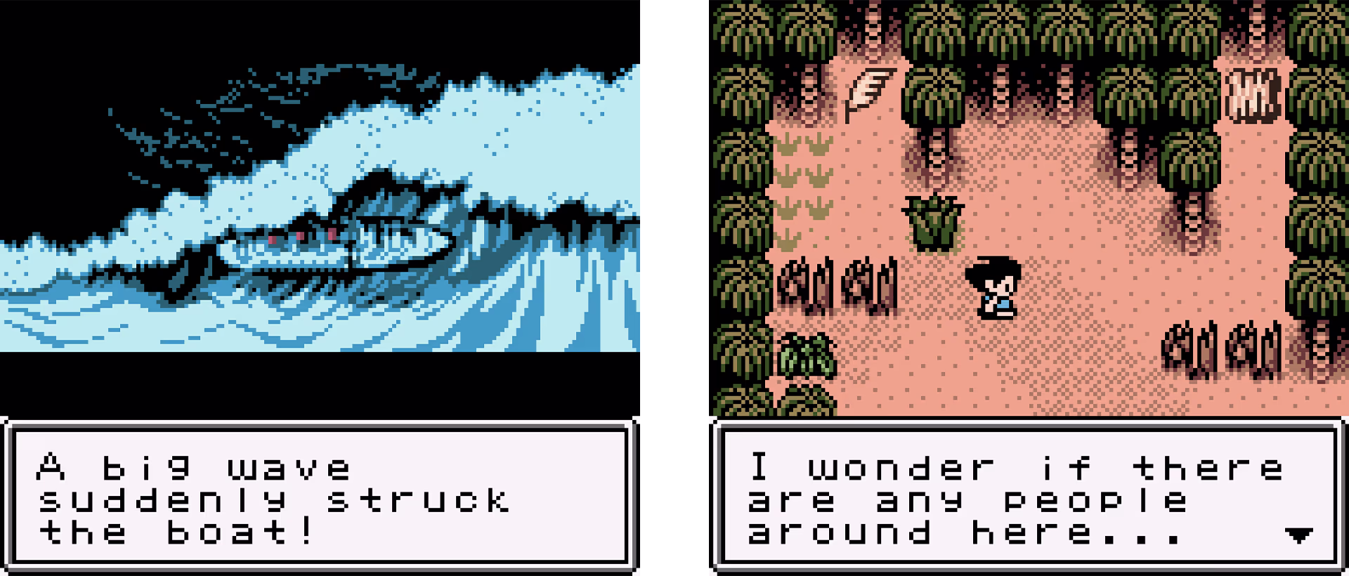 Survival Kids (GBC): intro cutscene where a large wave hits the boat; jungle exploration gameplay.