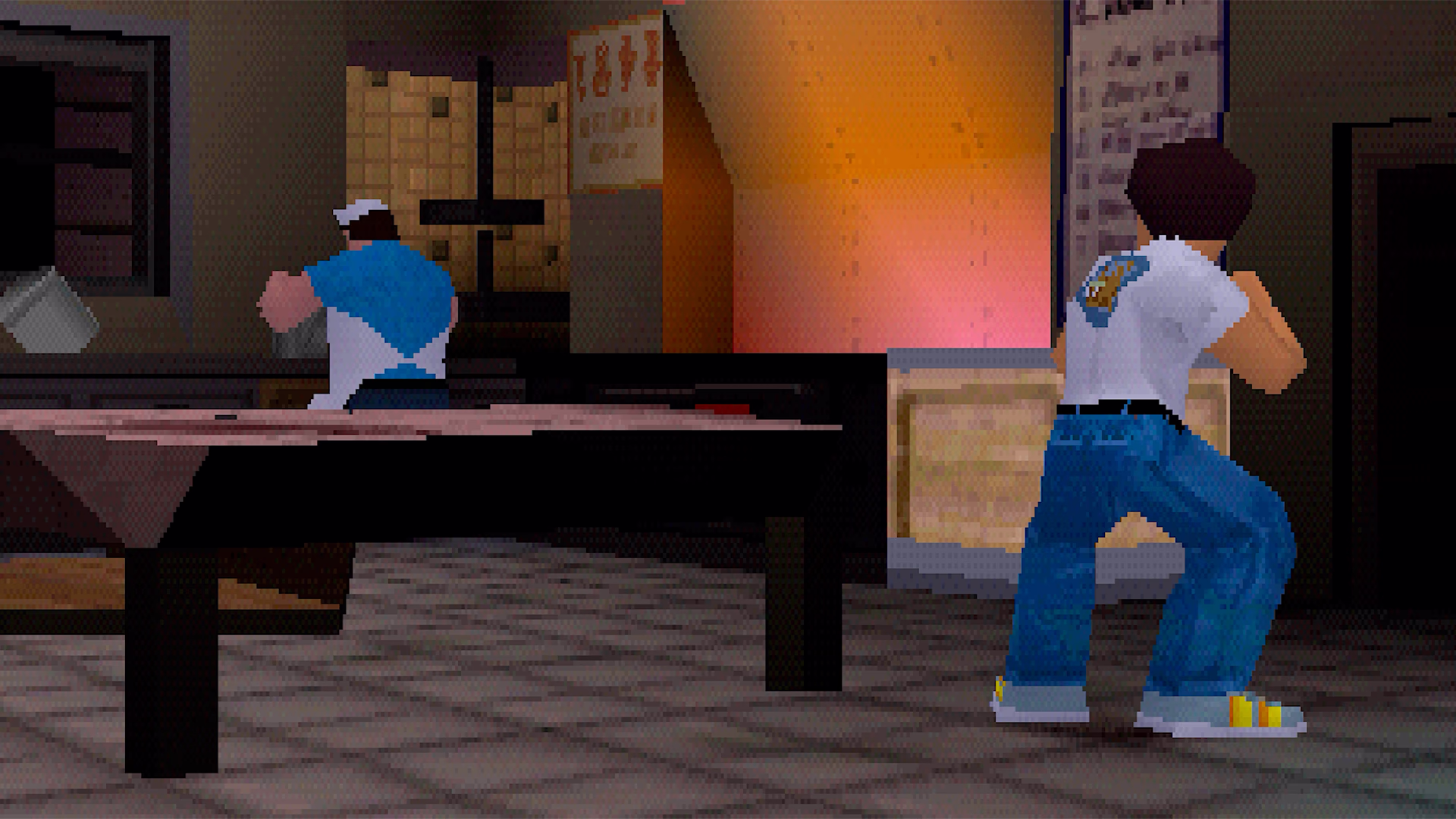 Jackie Chan facing Chef Warren before the boss fight in Jackie Chan Stuntmaster.