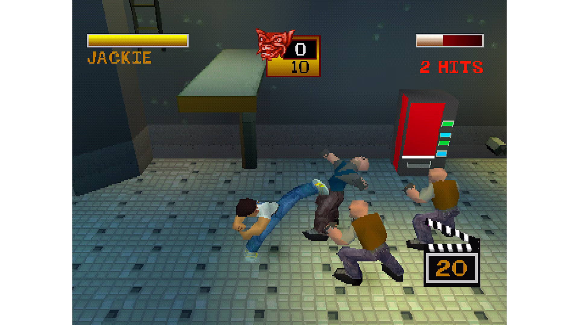 Jackie Chan fighting three thugs in Jackie Chan Stuntmaster (PS1).