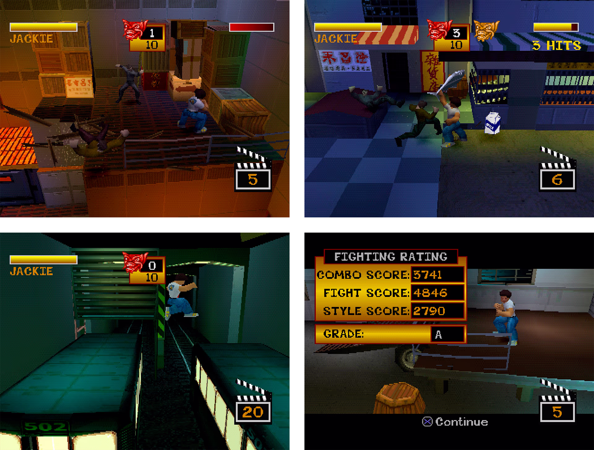 Collage of Jackie Chan Stuntmaster (PS1) screenshots showing environmental combat, platforming, and post-level stats.