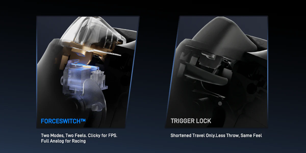 Flydigi Vader 5 Pro FORCESWITCH trigger with full analog and standard trigger lock compared.