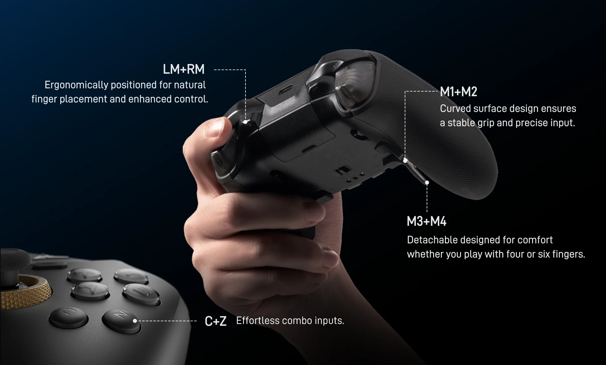 Flydigi Vader 5 Pro extra shoulder, rear paddle, C and Z button layout.