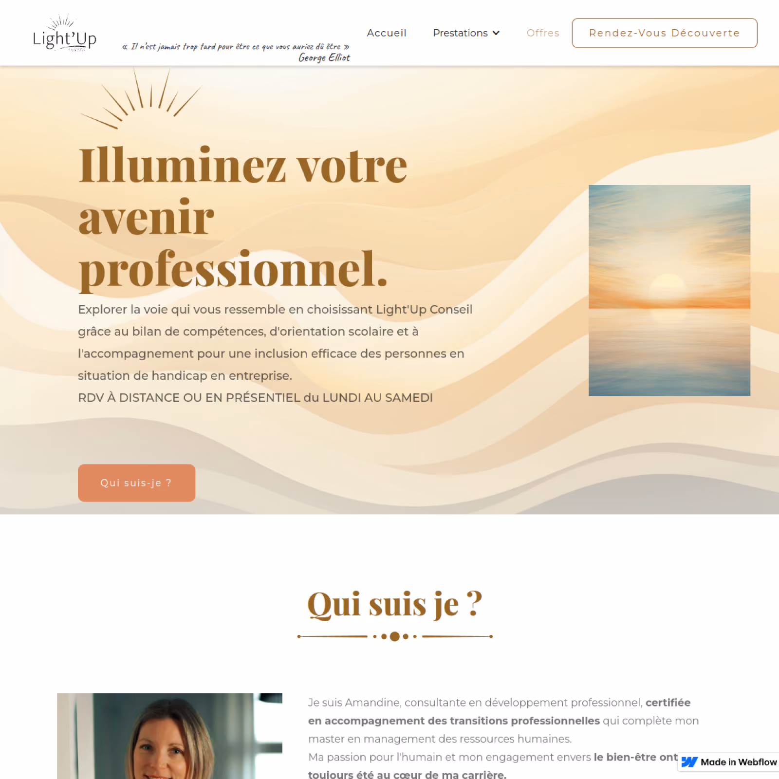 Page d'accueil du site Light Up Conseil, coach en reconversion, créé par graphiste Montpellier