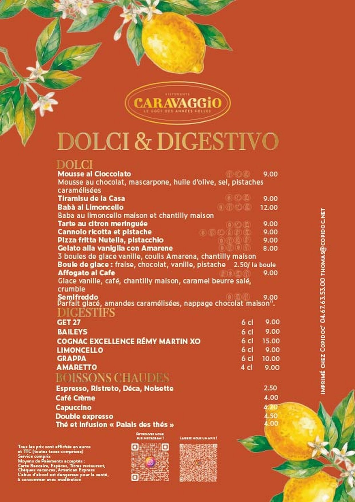 Menu desserts dolci du restaurant Caravaggio