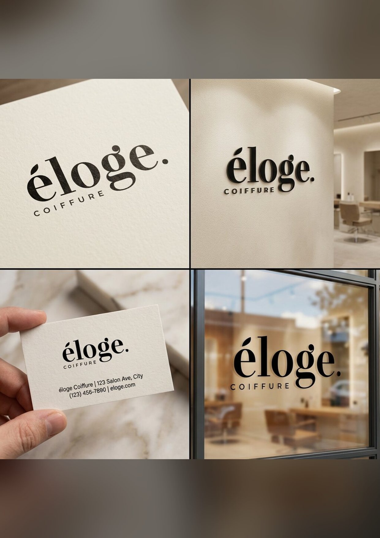 Identité visuelle et cartes de visite du salon Éloge Coiffure