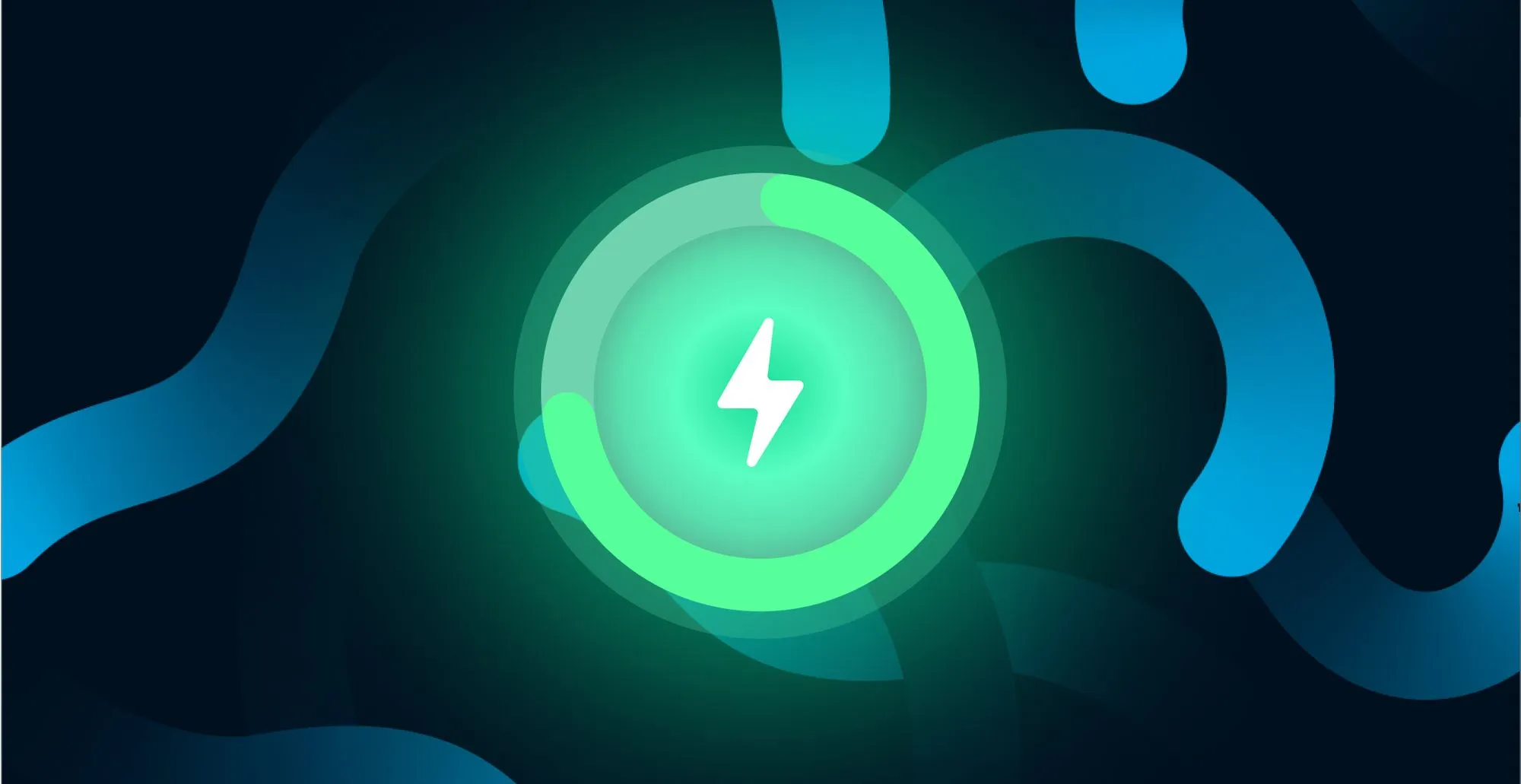 Glowing green power button icon with a lightning bolt, surrounded by abstract blue energy lines.