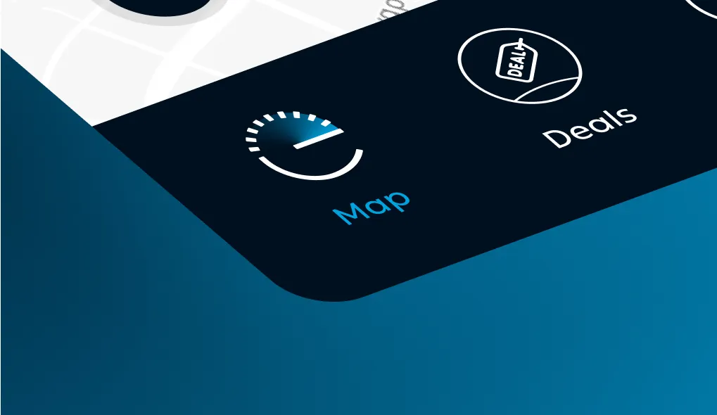App navigation bar with icons for Map and Deals.