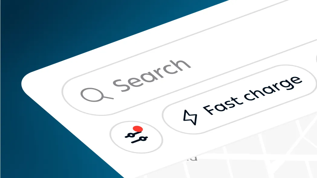 Mobile app search bar UI with filter and "Fast charge" button for EV-related queries.