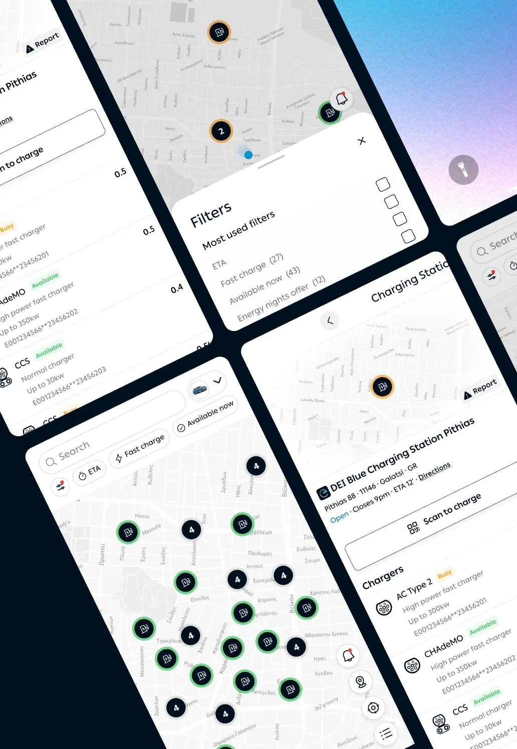 EV charging app UI with map, filters, station details, and charger availability.

