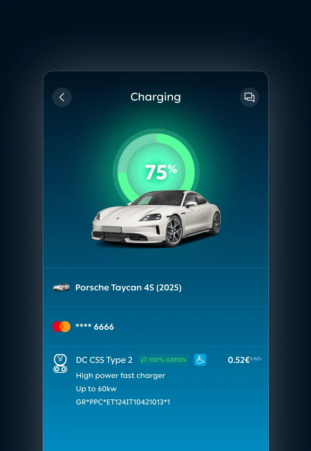 Electric vehicle charging interface showing a Porsche Taycan 4S.