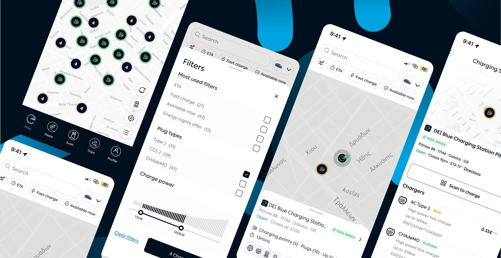 Mobile app UI screens showing an interactive map, EV charging station filters, locations, and details.