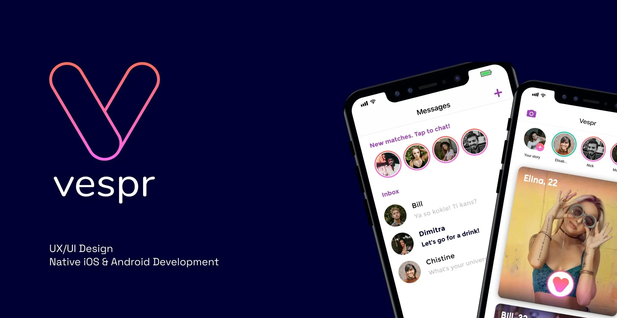Vespr branding with message screen and match previews.