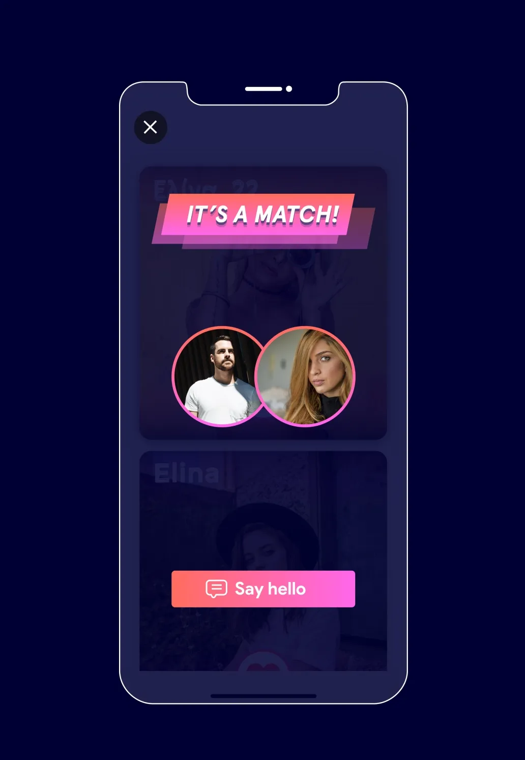Vespr match screen with user avatars and "Say hello" button.