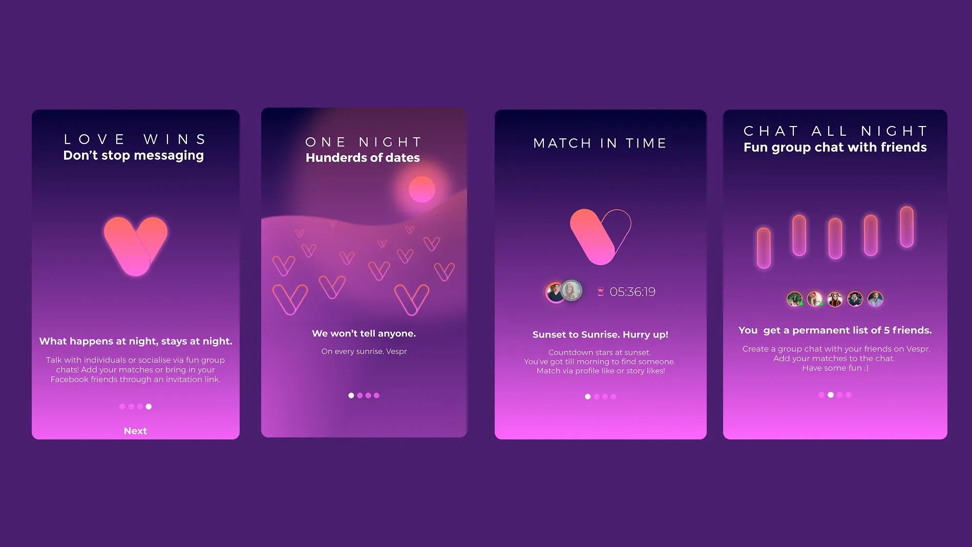 Vespr intro screens with features like group chat, timed matches, and night-only mode.